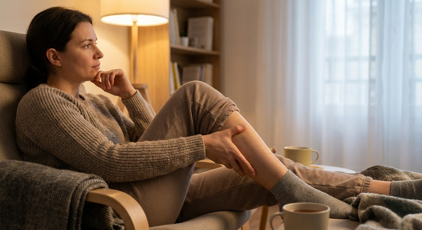 Person sitting in chair rubbing their calf muscle experiencing neuropathy-related muscle twitching