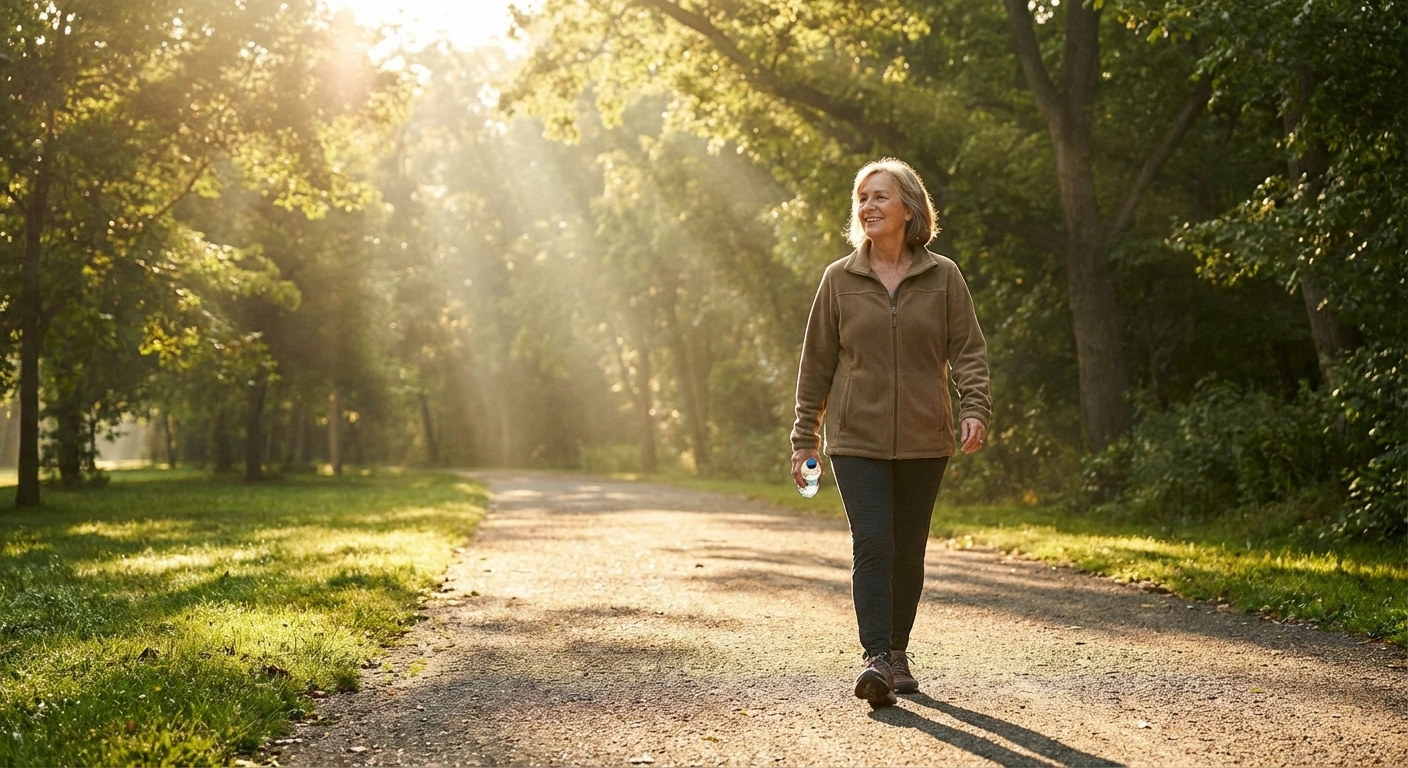 Person walking peacefully in park practicing healthy lifestyle habits to manage muscle twitching symptoms