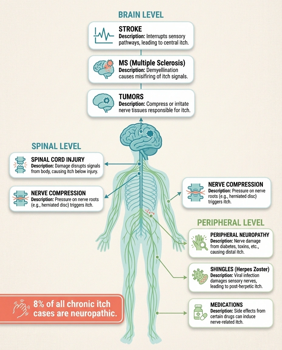 Infographic showing causes of neuropathic itch at brain spinal cord and peripheral nerve levels
