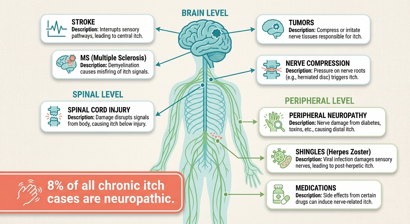 Infographic showing causes of neuropathic itch at brain spinal cord and peripheral nerve levels