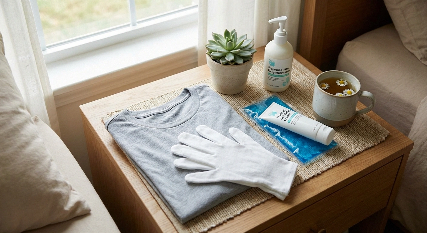 Home management supplies for neuropathic itch including cold pack menthol cream cotton gloves and moisturizer