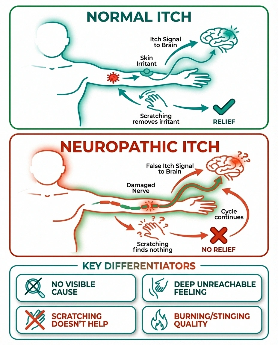 Infographic comparing normal itch pathway with neuropathic itch showing how damaged nerves create false itch signals