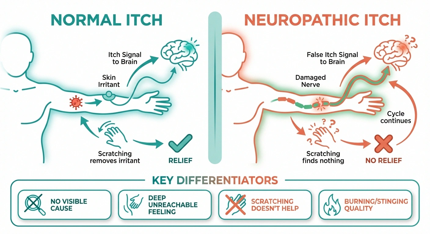 Infographic comparing normal itch pathway with neuropathic itch showing how damaged nerves create false itch signals