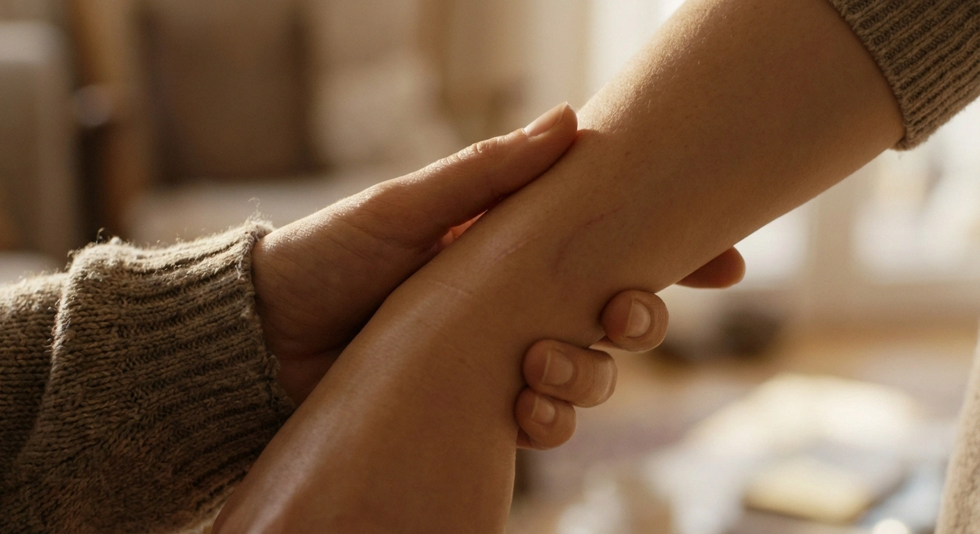 Close-up of hands showing subtle scratch marks from neuropathic itch cycle
