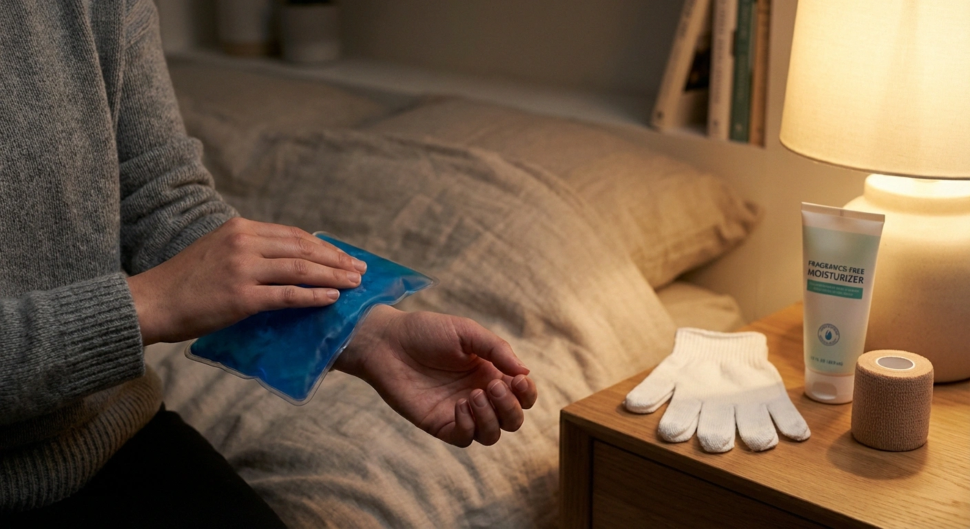Person applying cold gel pack to forearm with neuropathic itch self-care supplies including cotton gloves and moisturizer nearby