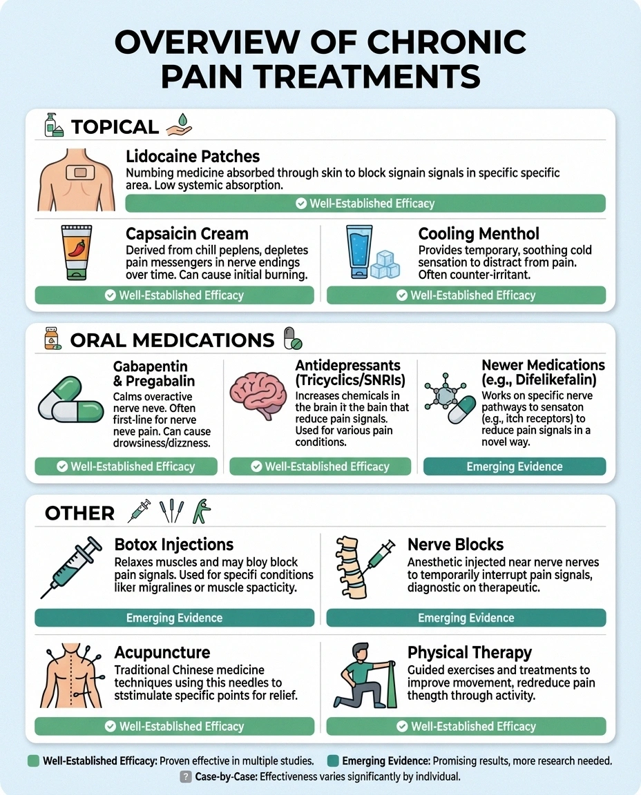 Infographic showing neuropathic itch treatment options including topical oral and specialized therapies