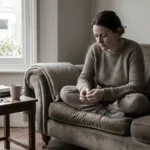 Person examining their hands at home while recovering from long COVID related neuropathy symptoms