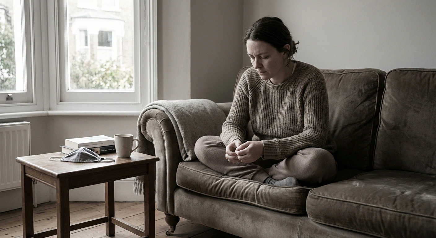 Person examining their hands at home while recovering from long COVID related neuropathy symptoms
