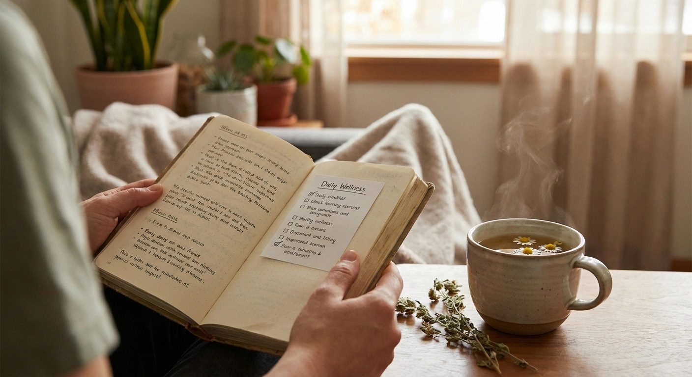 Person tracking neuropathy symptoms in a journal at home as part of post-COVID recovery management