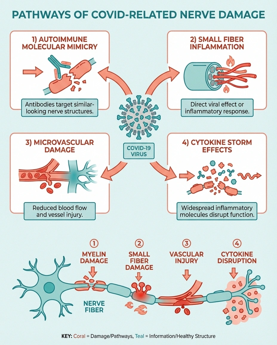 Infographic showing four mechanisms by which COVID-19 damages peripheral nerves including autoimmune and vascular pathways