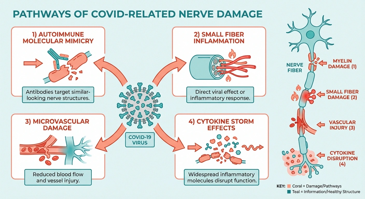 Infographic showing four mechanisms by which COVID-19 damages peripheral nerves including autoimmune and vascular pathways