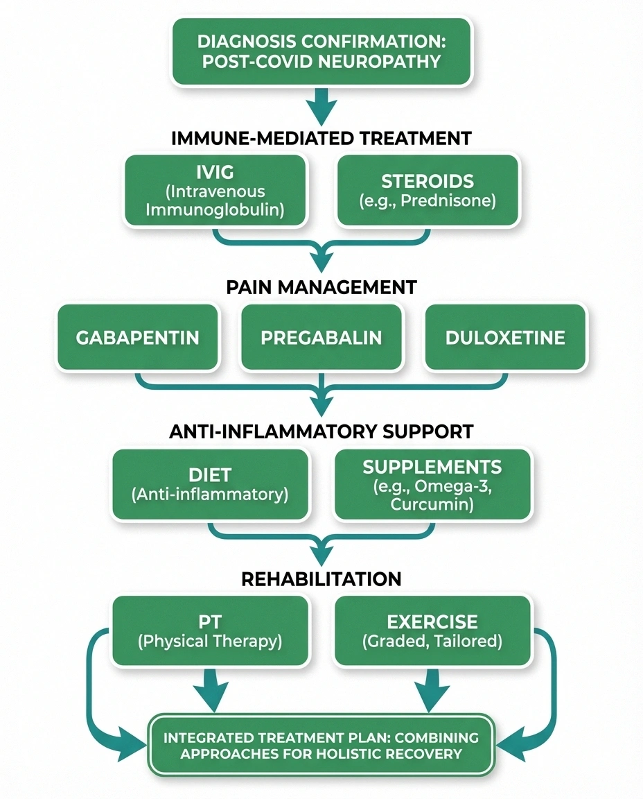 Treatment pathway flowchart for post-COVID neuropathy showing immunotherapy, pain management, and rehabilitation options