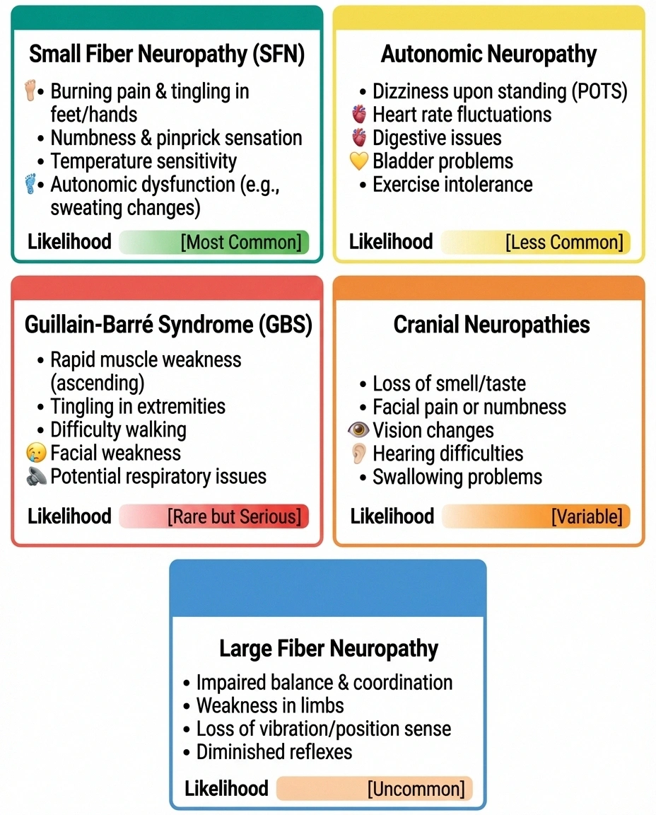 Types of neuropathy linked to COVID-19 including small fiber neuropathy, autonomic neuropathy, and Guillain-Barré syndrome