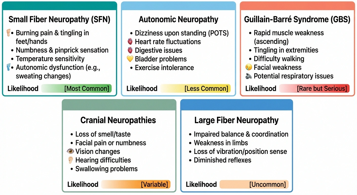 Types of neuropathy linked to COVID-19 including small fiber neuropathy, autonomic neuropathy, and Guillain-Barré syndrome