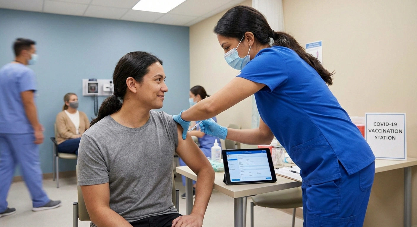 Person receiving COVID vaccination in a clinical setting showing routine immunization for long COVID neuropathy risk context