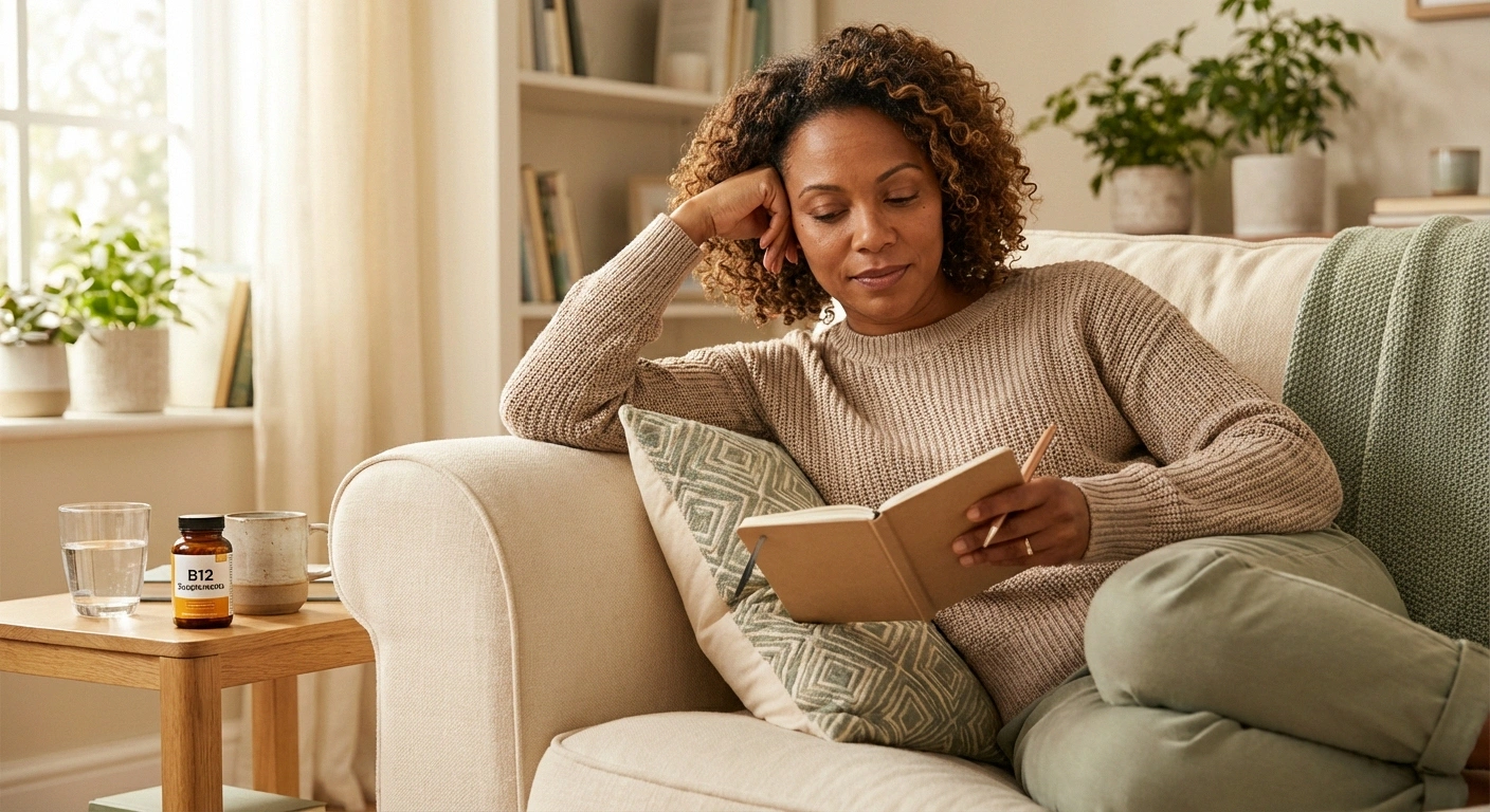 Person tracking nerve pain symptoms in a journal while resting at home during post-surgical neuropathy recovery