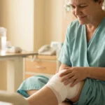 Patient sitting on hospital bed examining their leg after surgery, concerned about nerve pain symptoms