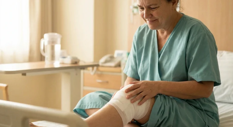 Patient sitting on hospital bed examining their leg after surgery, concerned about nerve pain symptoms