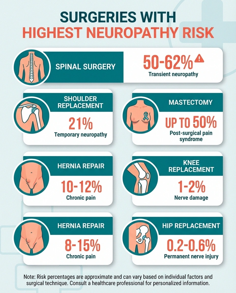 Infographic ranking surgical procedures by neuropathy risk, from spinal surgery at highest to hip replacement