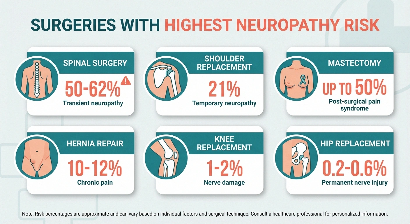 Infographic ranking surgical procedures by neuropathy risk, from spinal surgery at highest to hip replacement