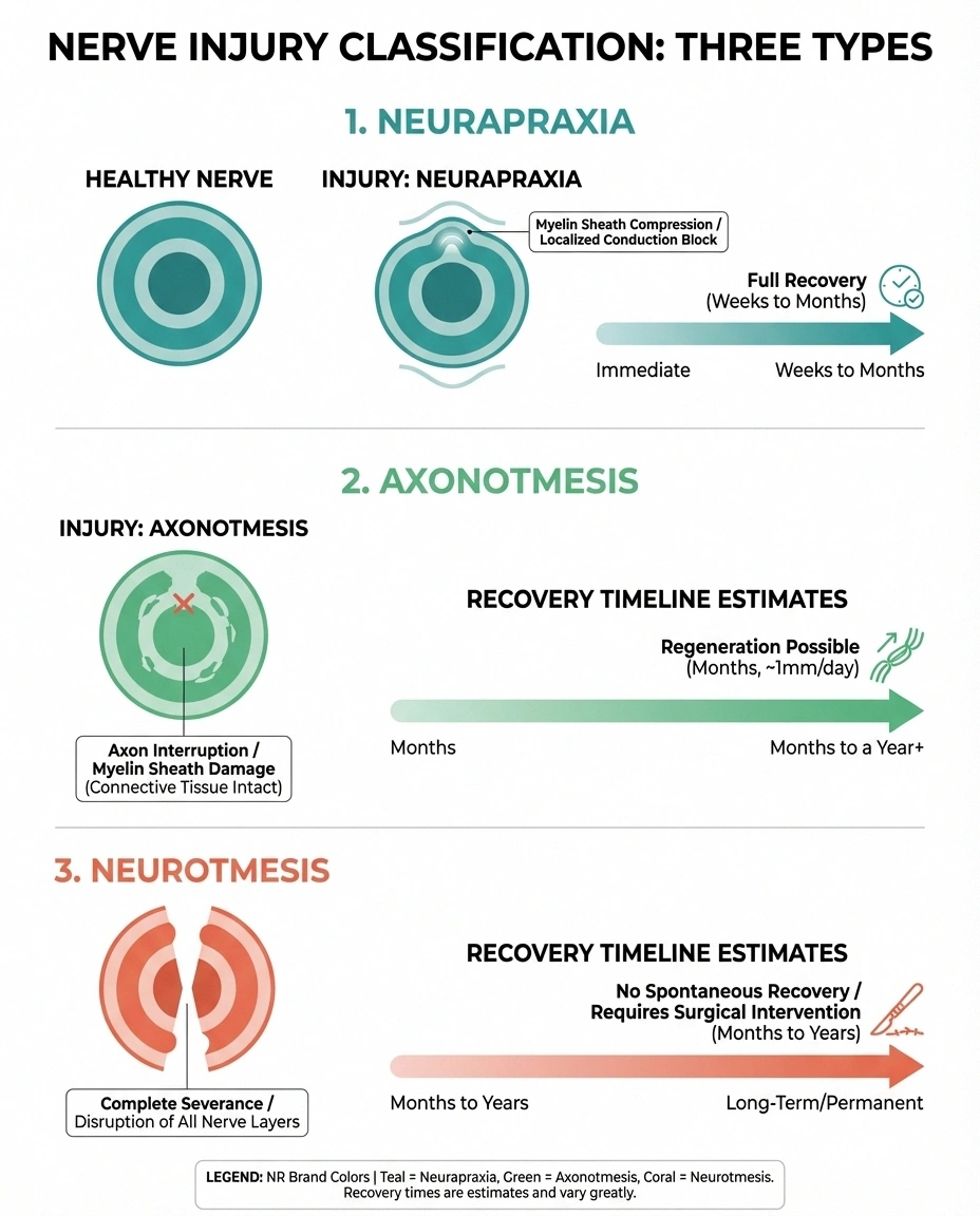 Infographic comparing three types of nerve injury after surgery — neurapraxia, axonotmesis, and neurotmesis — with recovery timelines