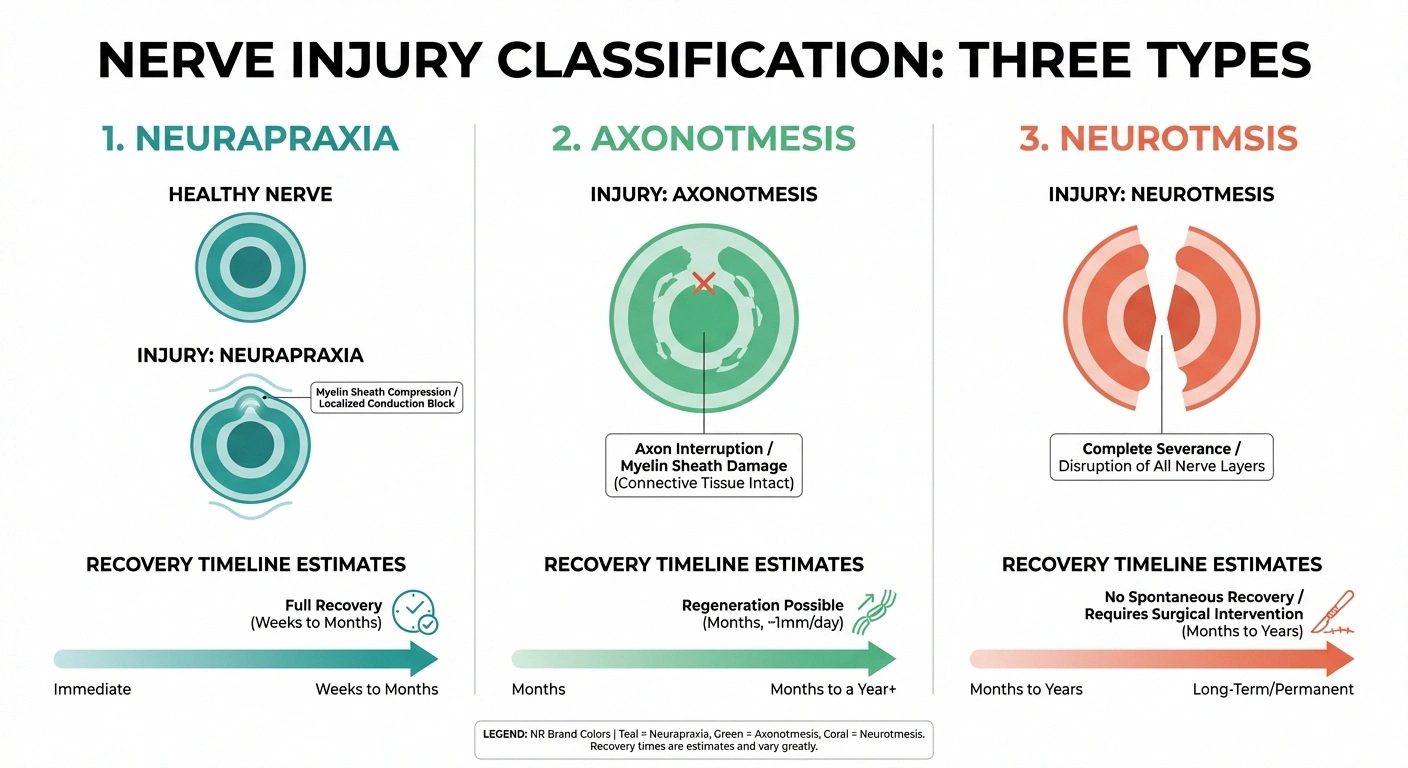 Infographic comparing three types of nerve injury after surgery — neurapraxia, axonotmesis, and neurotmesis — with recovery timelines