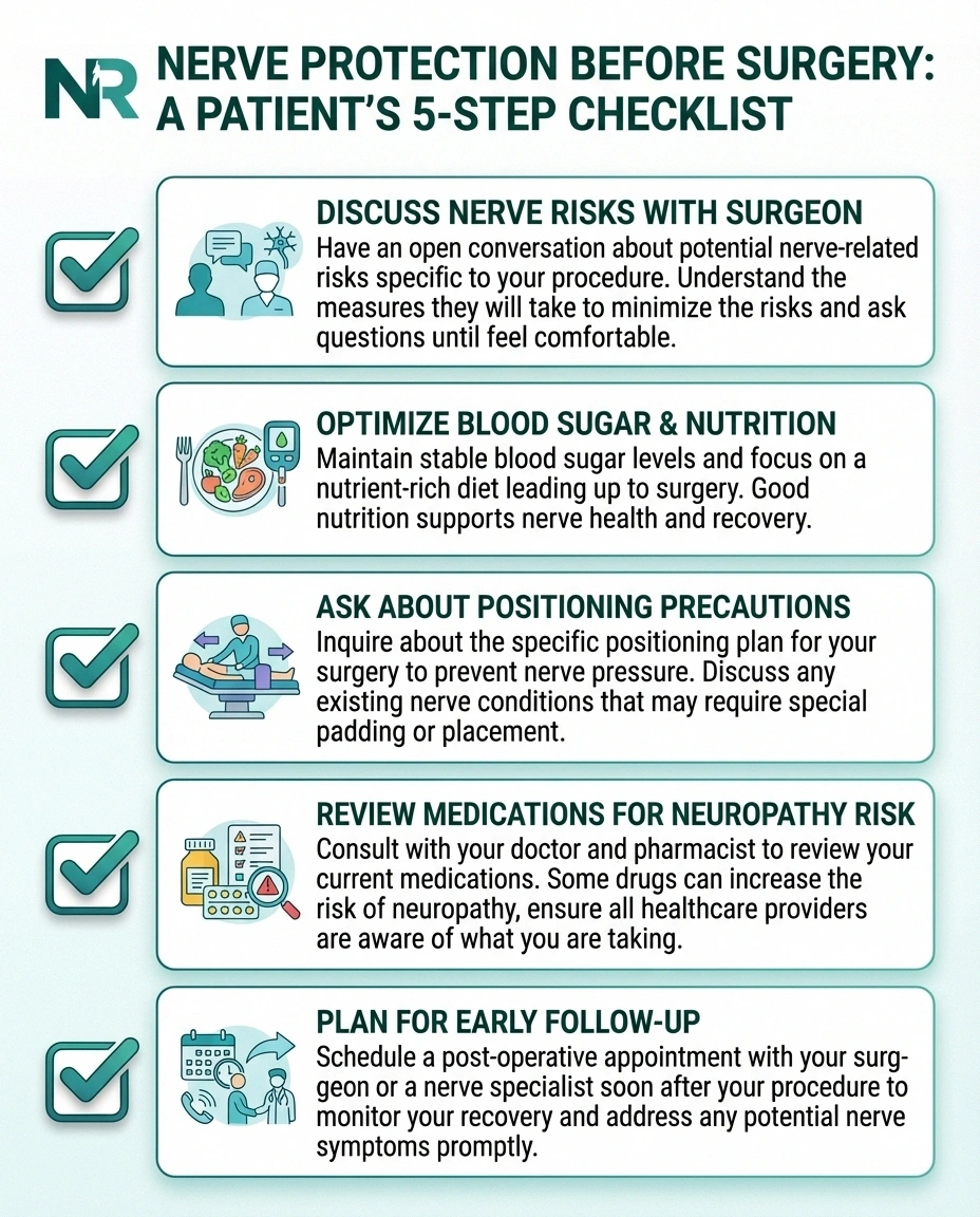 Pre-surgery nerve protection checklist with five steps to reduce neuropathy risk including discussing risks and optimizing health