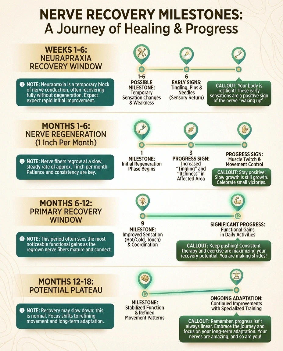 Timeline infographic showing nerve recovery stages after surgery from initial weeks through 18 months