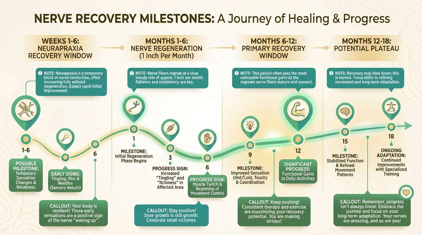 Timeline infographic showing nerve recovery stages after surgery from initial weeks through 18 months