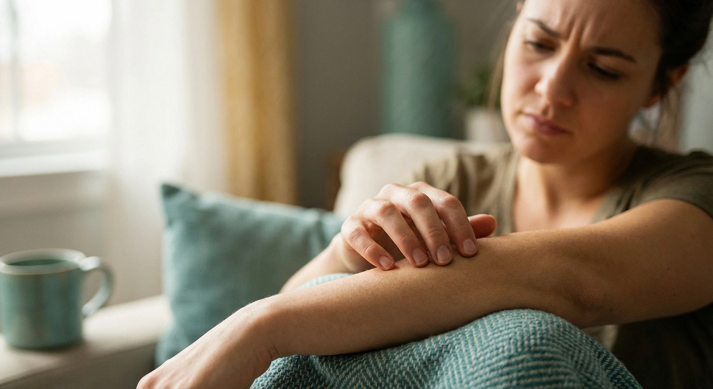 Person examining their arm and hand after surgery, noticing tingling and numbness symptoms of neuropathy