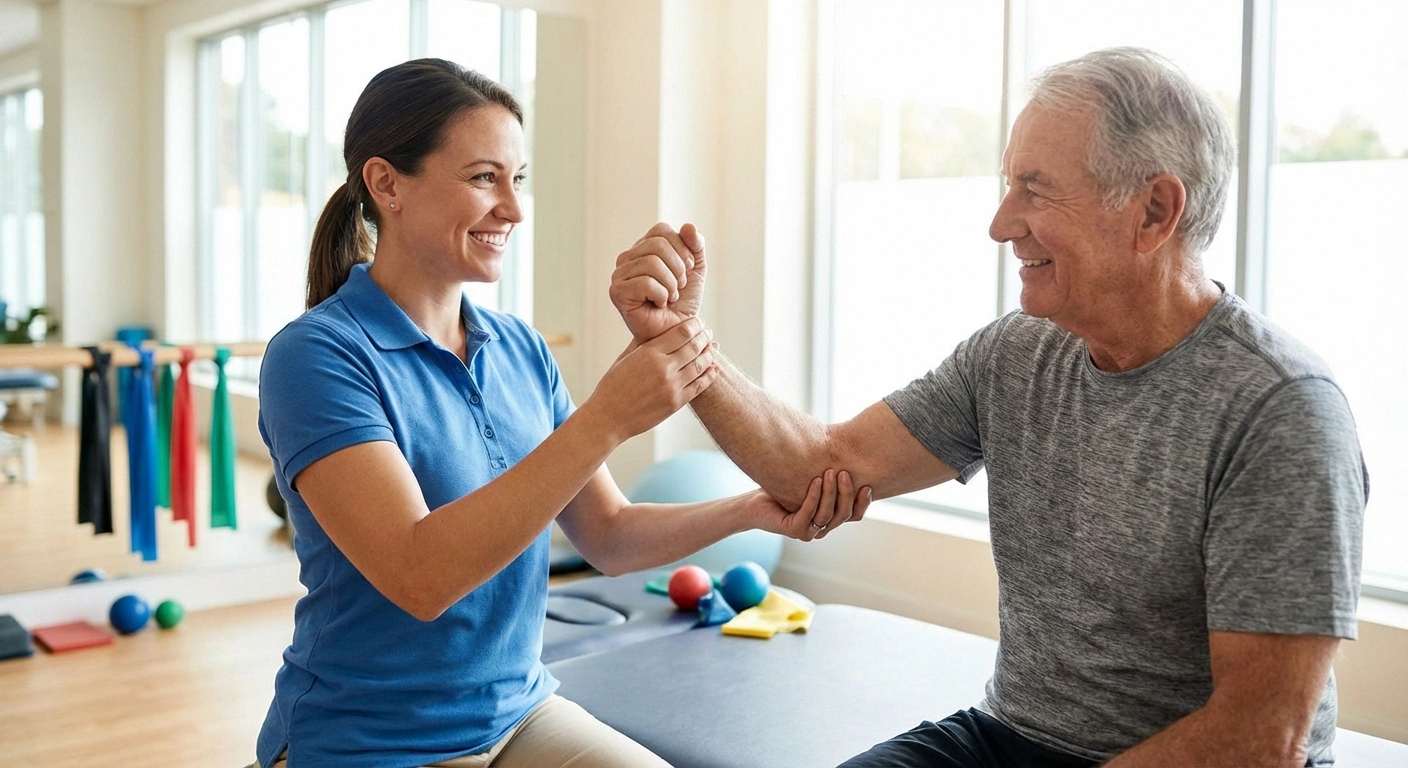 Physical therapist helping patient with hand rehabilitation exercises after surgery for nerve damage recovery