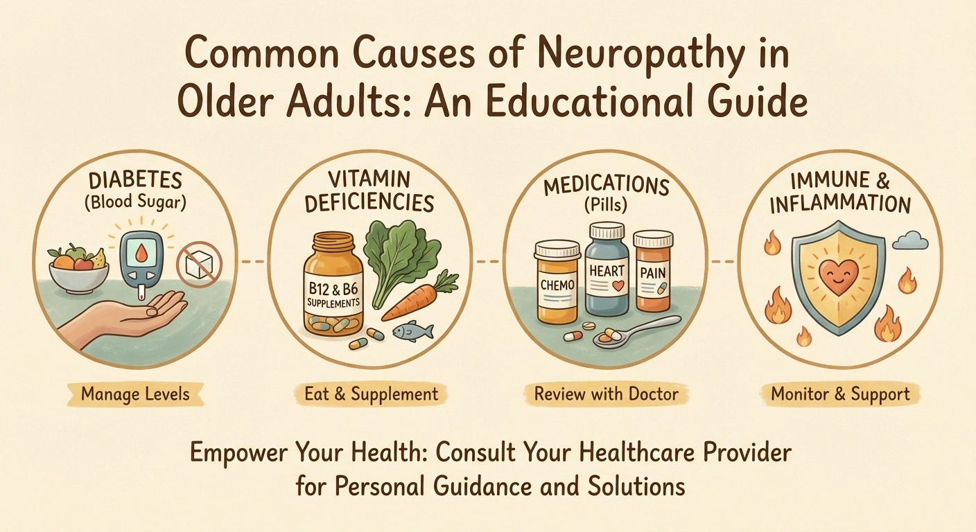 Illustration showing common causes of neuropathy in older adults — visual icons or gentle illustrations representing diabetes (blood sugar), vitamin deficiencies (supplement bottles/food), medications (pill bottles), immune system, and inflammation. Arranged in a clear, easy-to-scan layout.