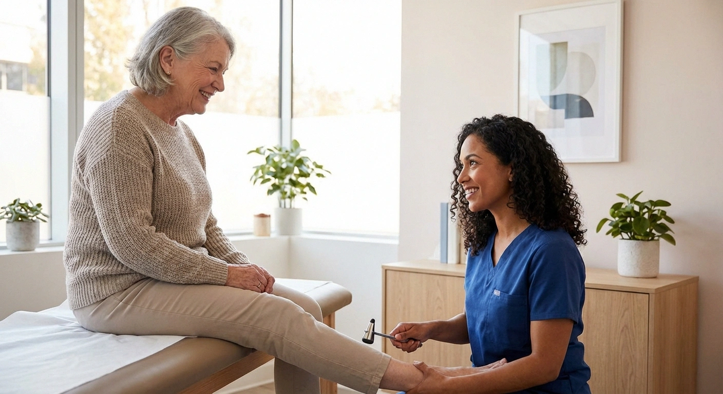 Warm photograph of an older adult in a doctor's consultation, with a caring healthcare provider conducting a simple neurological exam (testing reflexes or sensation on the foot). Both people look engaged and comfortable. The setting is a bright, modern medical office.