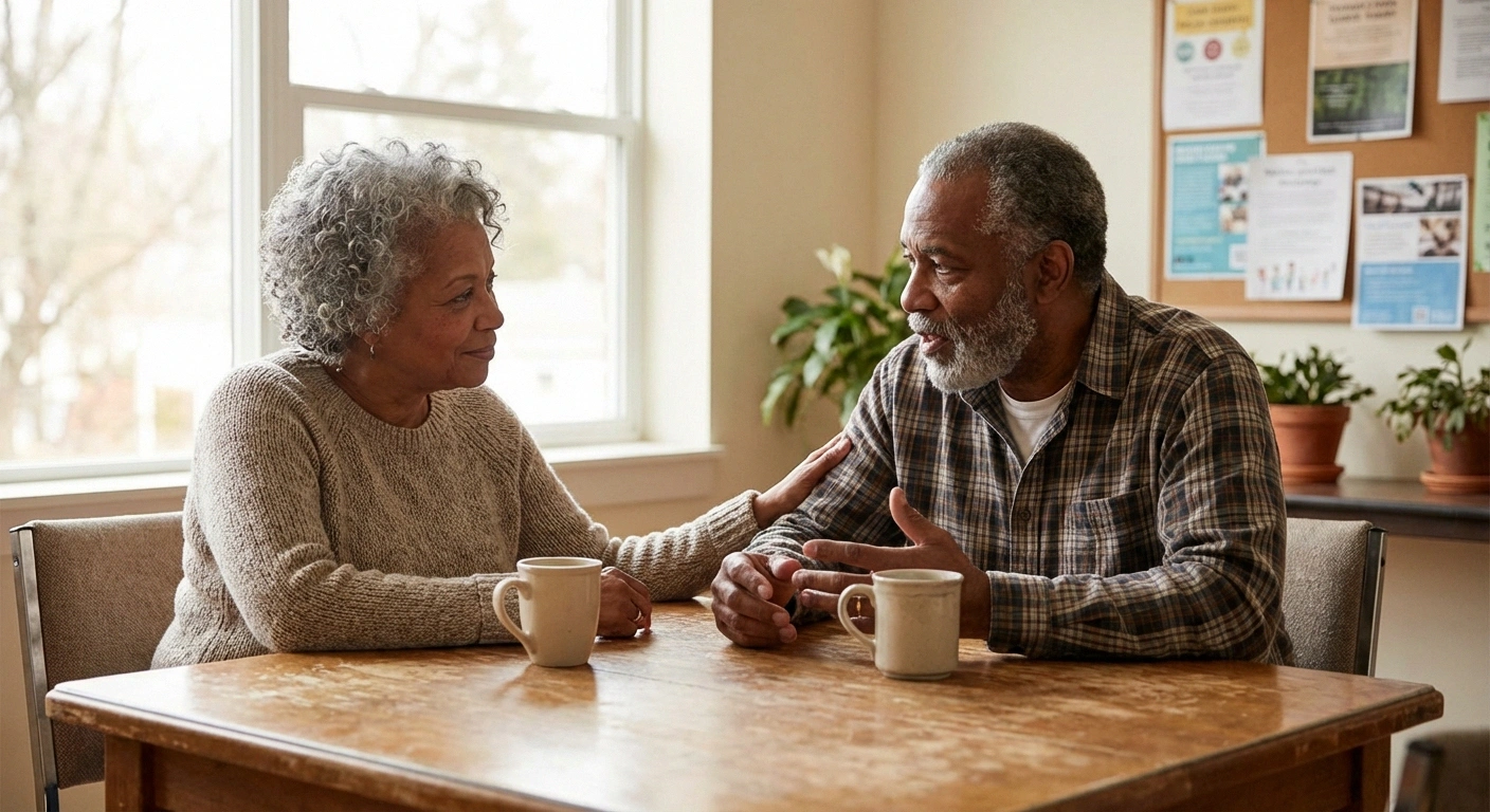 Warm photograph of two older adults having a supportive conversation — perhaps at a support group, over coffee, or in a community center. One person is listening attentively while the other speaks. Conveys connection, understanding, and hope.