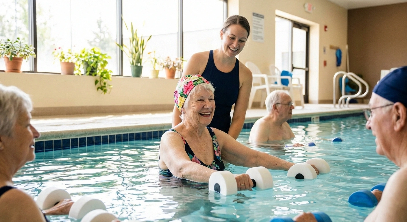 Photograph of an older adult doing gentle water exercises in a pool (aqua therapy), looking comfortable and engaged. Alternatively, doing gentle chair exercises or yoga with a supportive instructor. The setting conveys safety, activity, and positive aging.