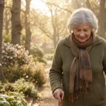 Older adult walking outdoors in a sunlit garden, representing active aging and nerve health awareness