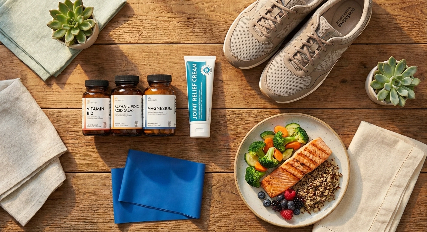 Flat-lay or arranged composition showing treatment elements for older adults: supplement bottles (B12, ALA, magnesium), topical cream, proper shoes, a resistance band, and a healthy meal plate — all arranged on a clean, warm surface.