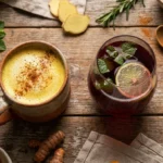 Golden turmeric latte and tart cherry spritzer with fresh herbs and ginger on wooden surface