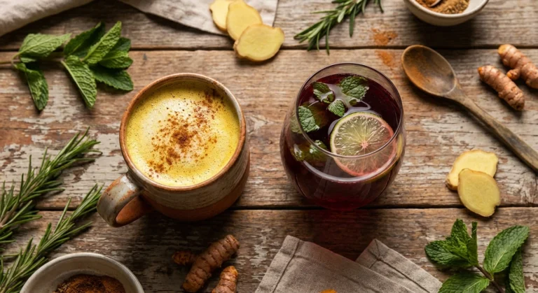 Golden turmeric latte and tart cherry spritzer with fresh herbs and ginger on wooden surface