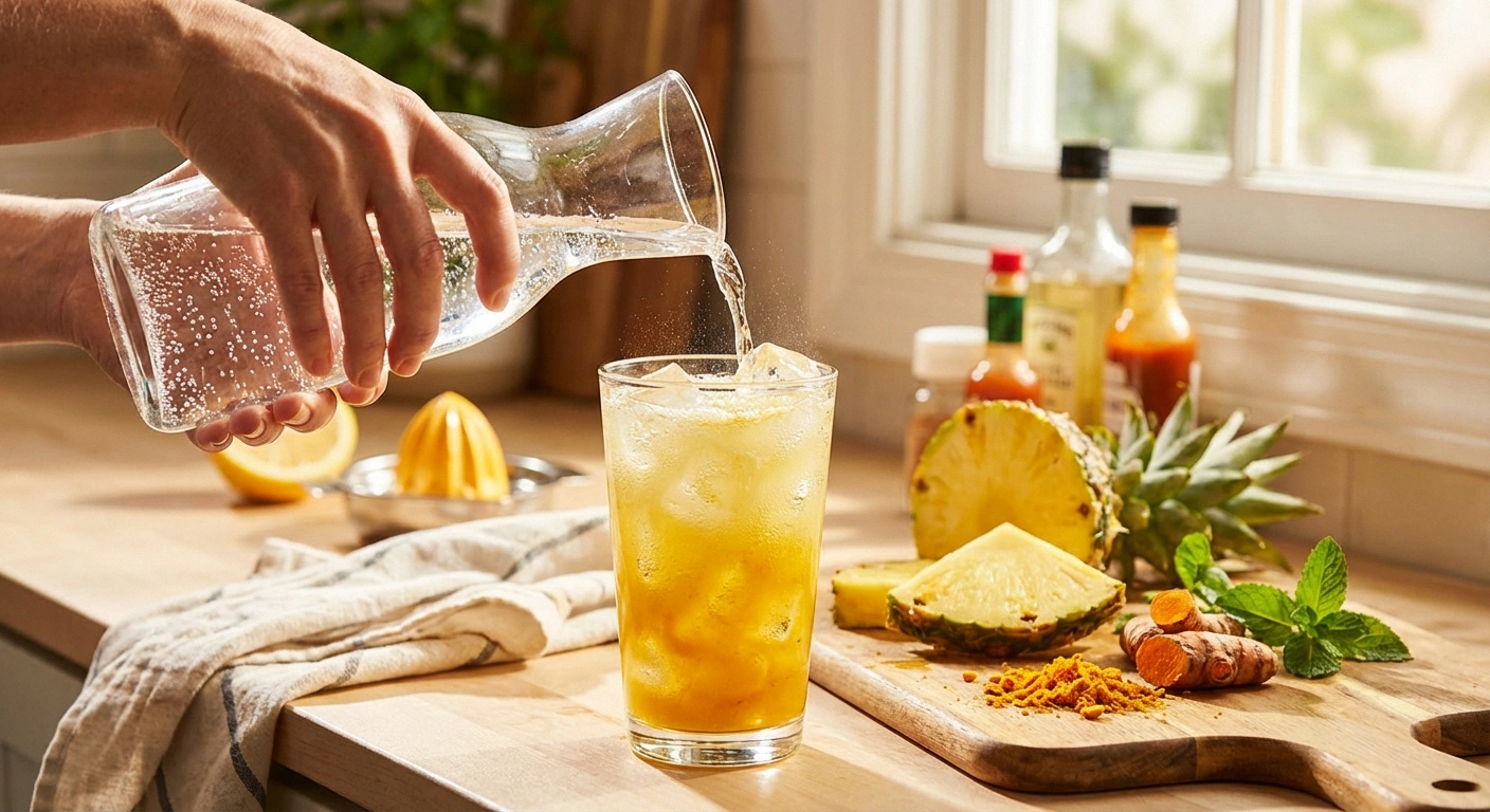 Hands preparing pineapple turmeric anti-inflammatory punch with fresh ingredients on kitchen counter