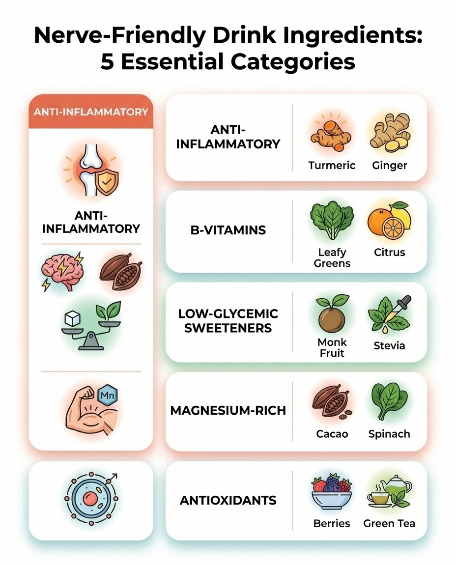 Infographic showing five categories of nerve-friendly drink ingredients including anti-inflammatory, B-vitamins, low-glycemic sweeteners, magnesium, and antioxidants