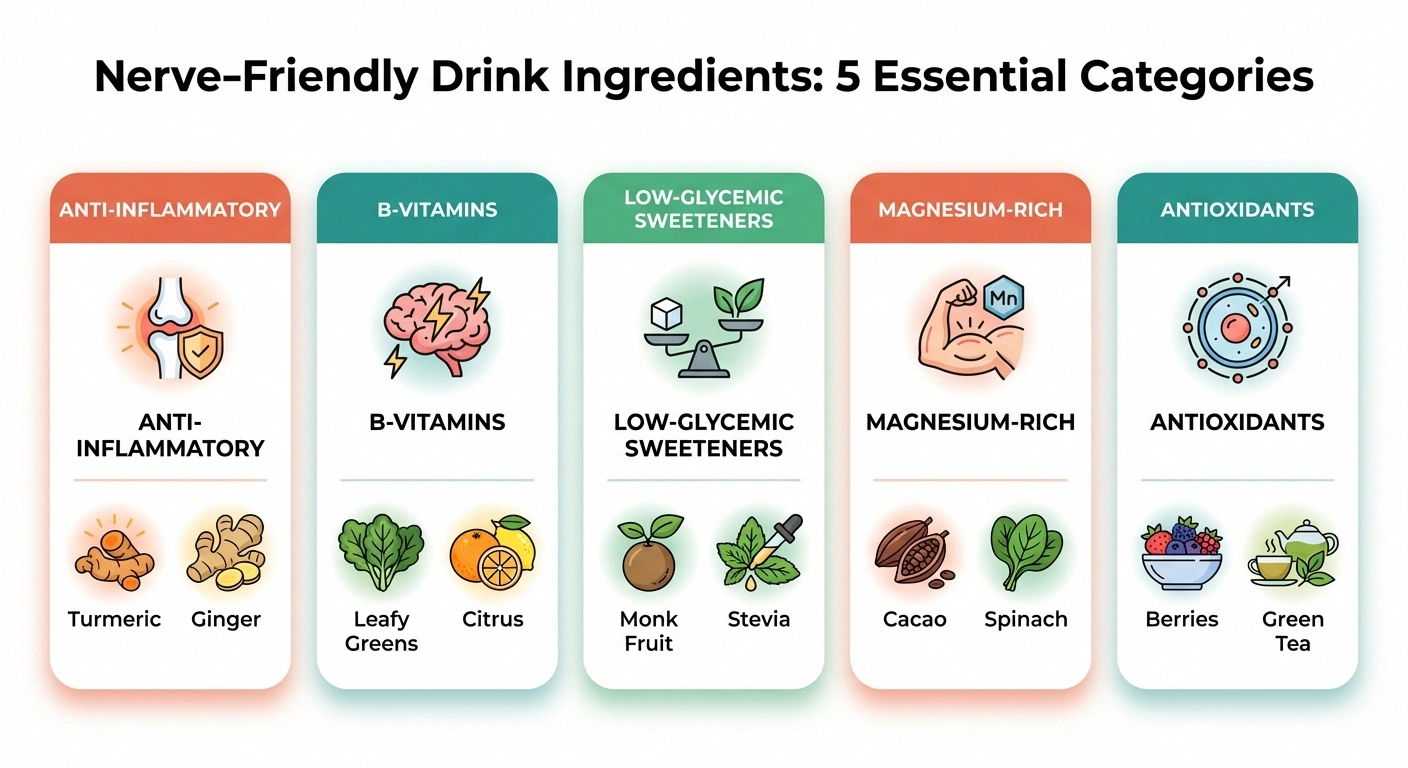 Infographic showing five categories of nerve-friendly drink ingredients including anti-inflammatory, B-vitamins, low-glycemic sweeteners, magnesium, and antioxidants