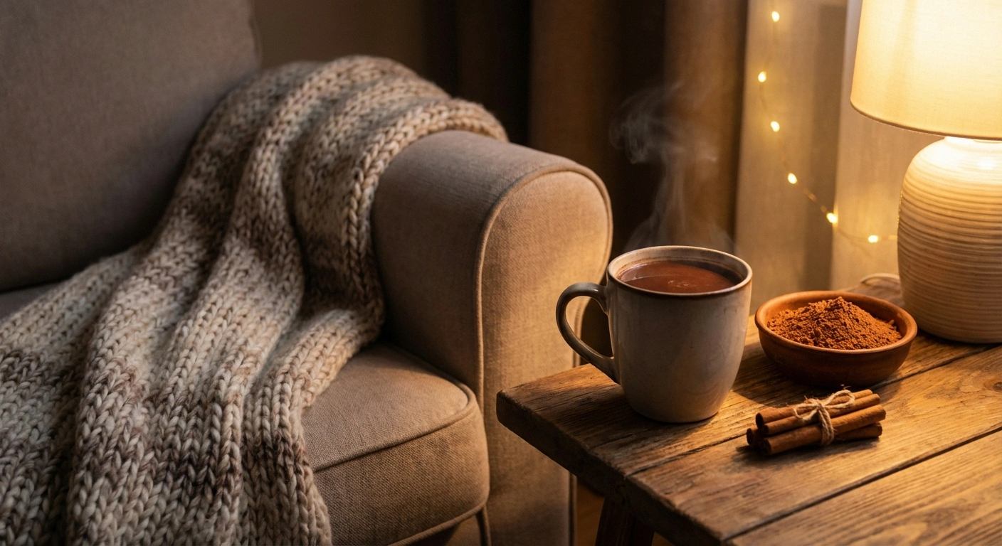 Steaming mug of warm cacao magnesium elixir in cozy evening setting with blanket and cinnamon sticks