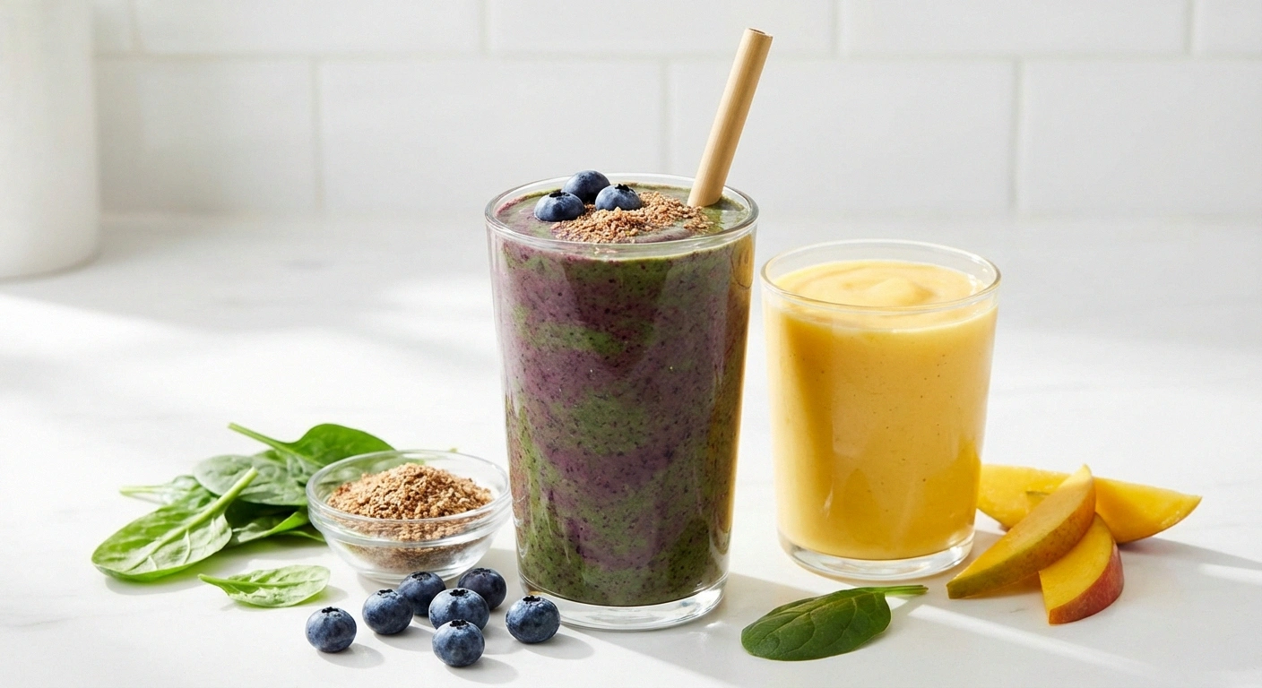 Nerve repair smoothie and tropical anti-inflammation blend with fresh berries spinach and mango ingredients