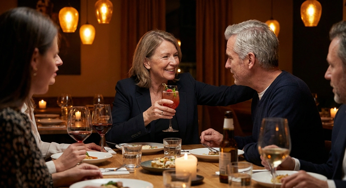 Mature woman enjoying alcohol-free mocktail at dinner party with friends in warm social setting