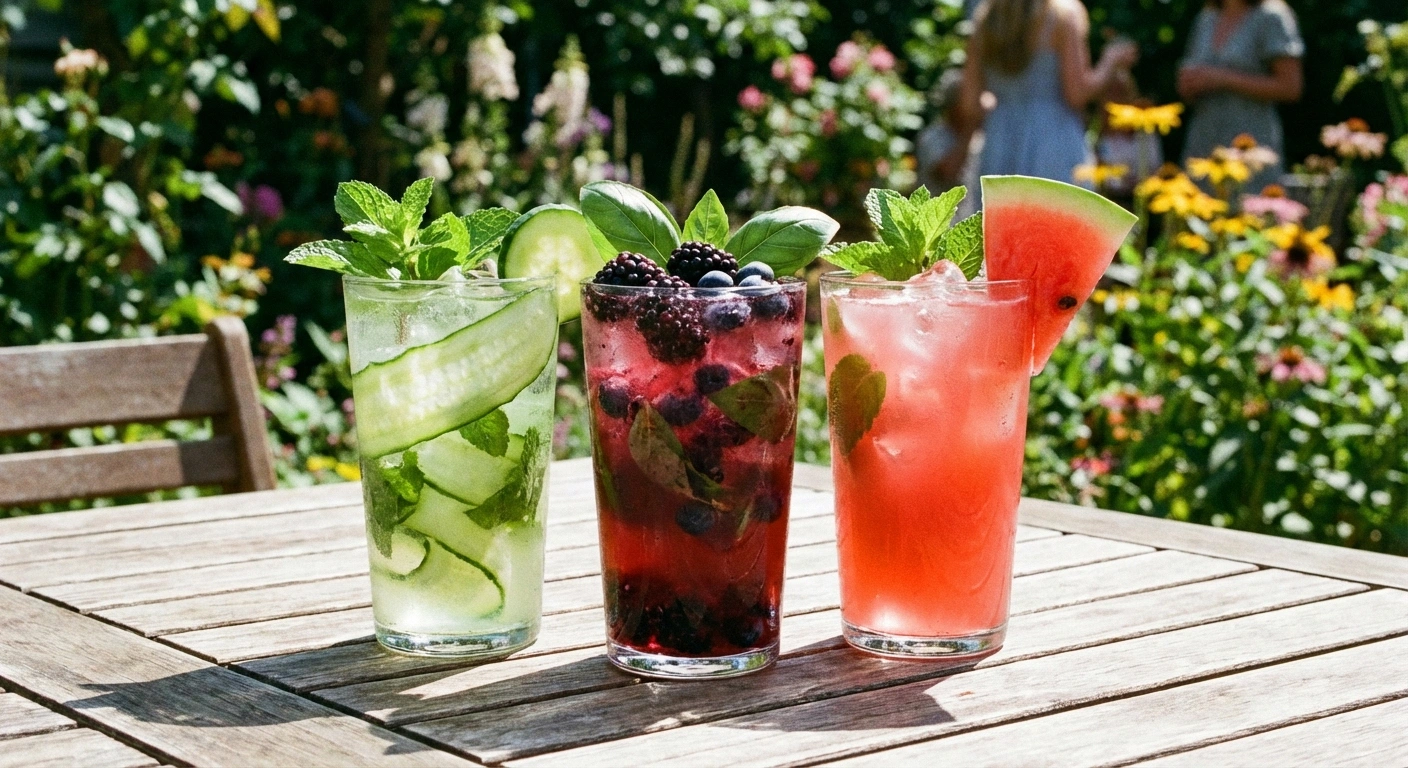 Three colorful alcohol-free summer mocktails including cucumber mint, berry basil, and watermelon refresher on sunlit table
