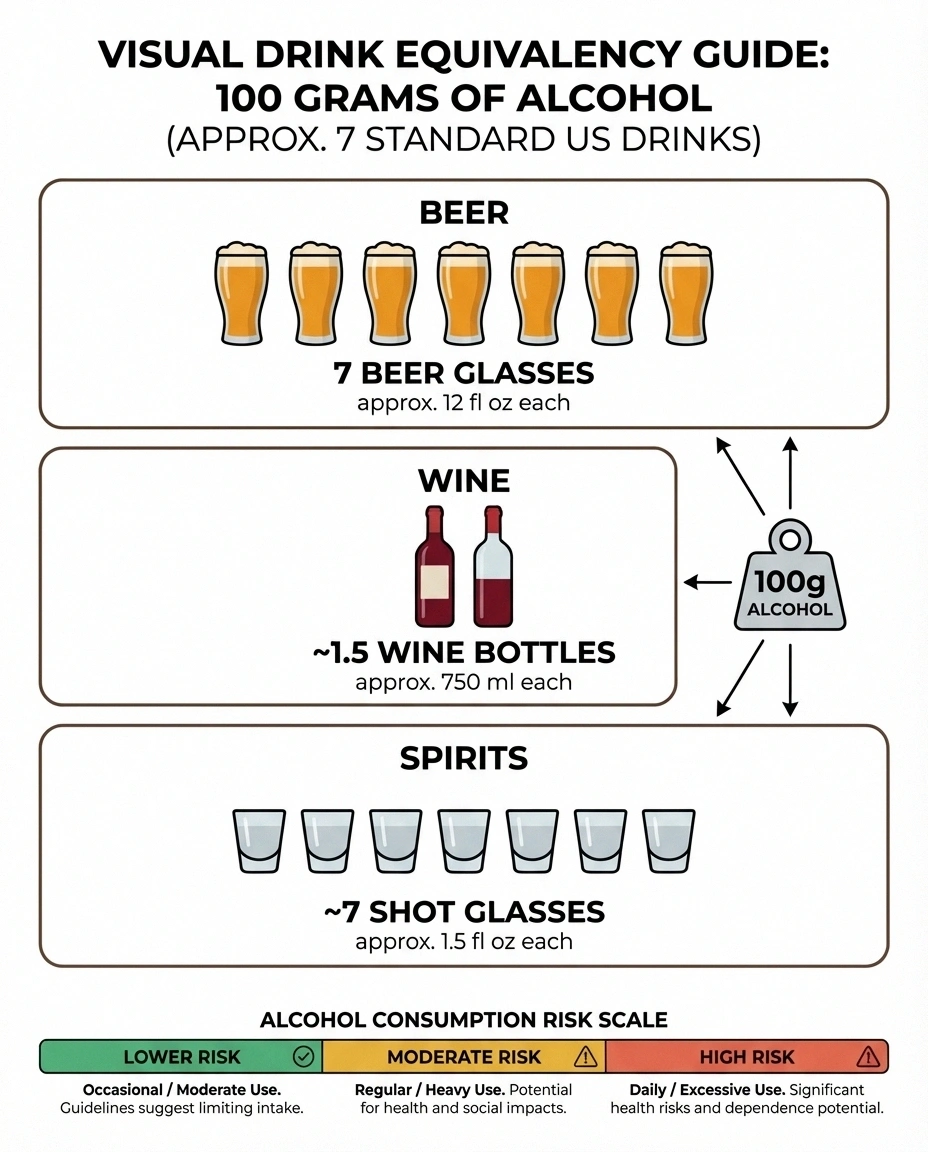 Infographic showing alcohol amounts and neuropathy risk levels from occasional moderate drinking to daily excessive consumption