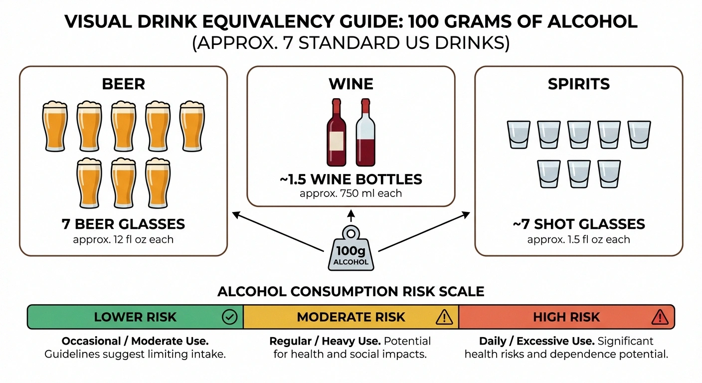 Infographic showing alcohol amounts and neuropathy risk levels from occasional moderate drinking to daily excessive consumption