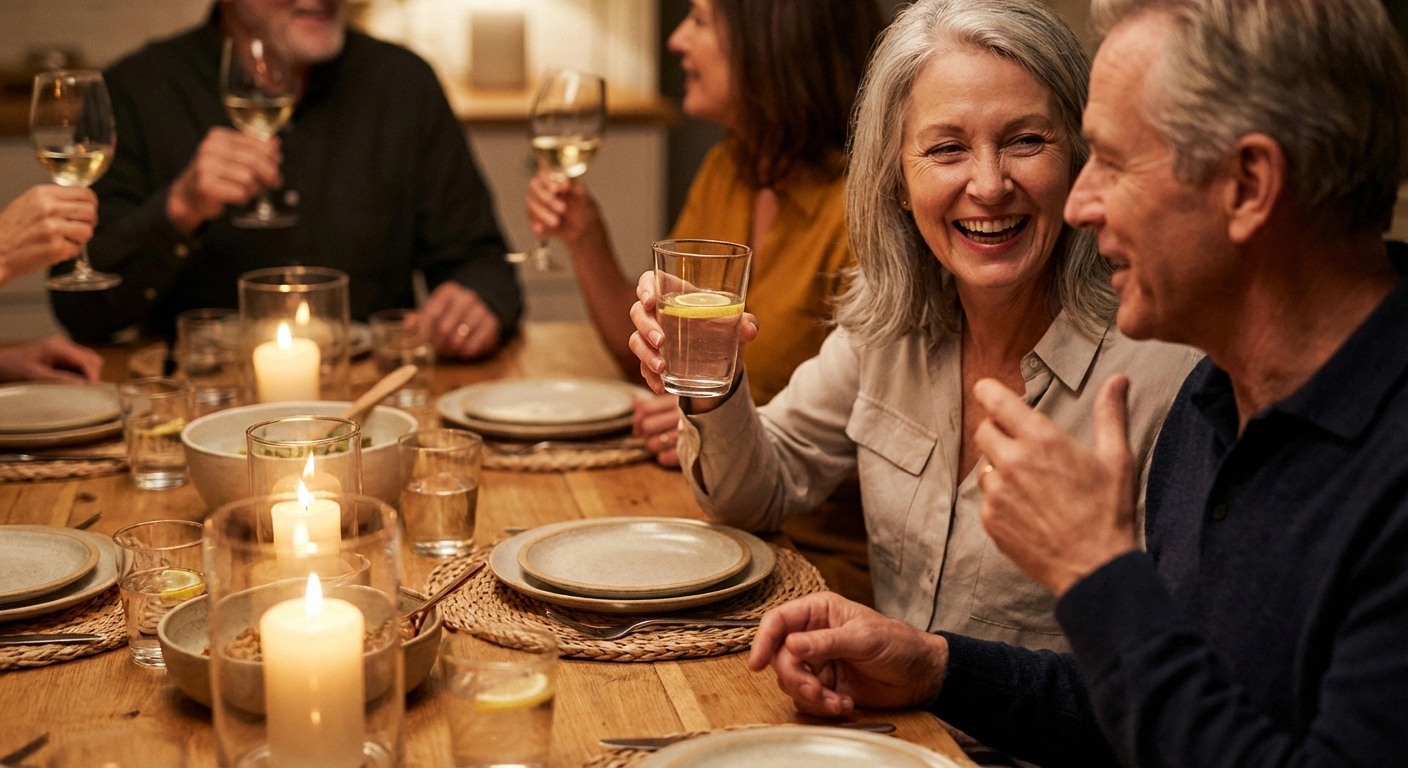 Person choosing water at dinner party while managing neuropathy and making informed alcohol decisions