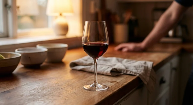Glass of red wine on kitchen counter representing the question of how much alcohol is safe with neuropathy